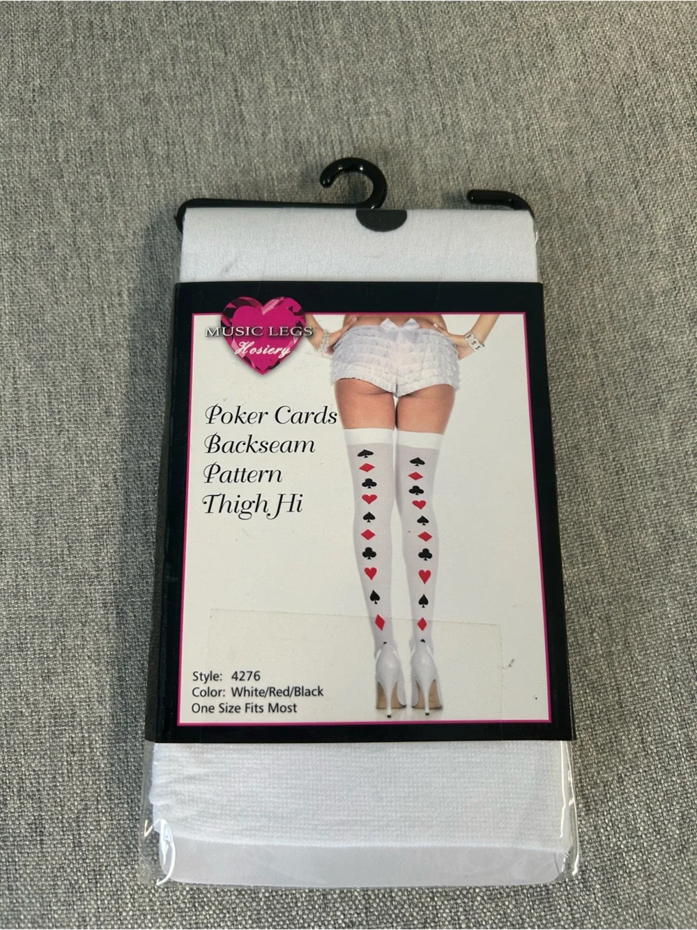 Music Legs White Thigh High Socks with Red and Black Card Suits